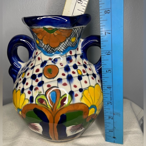TALAVERA Mexican Pottery Vase Vessel Double Handle Folk Art - Picture 6 of 8